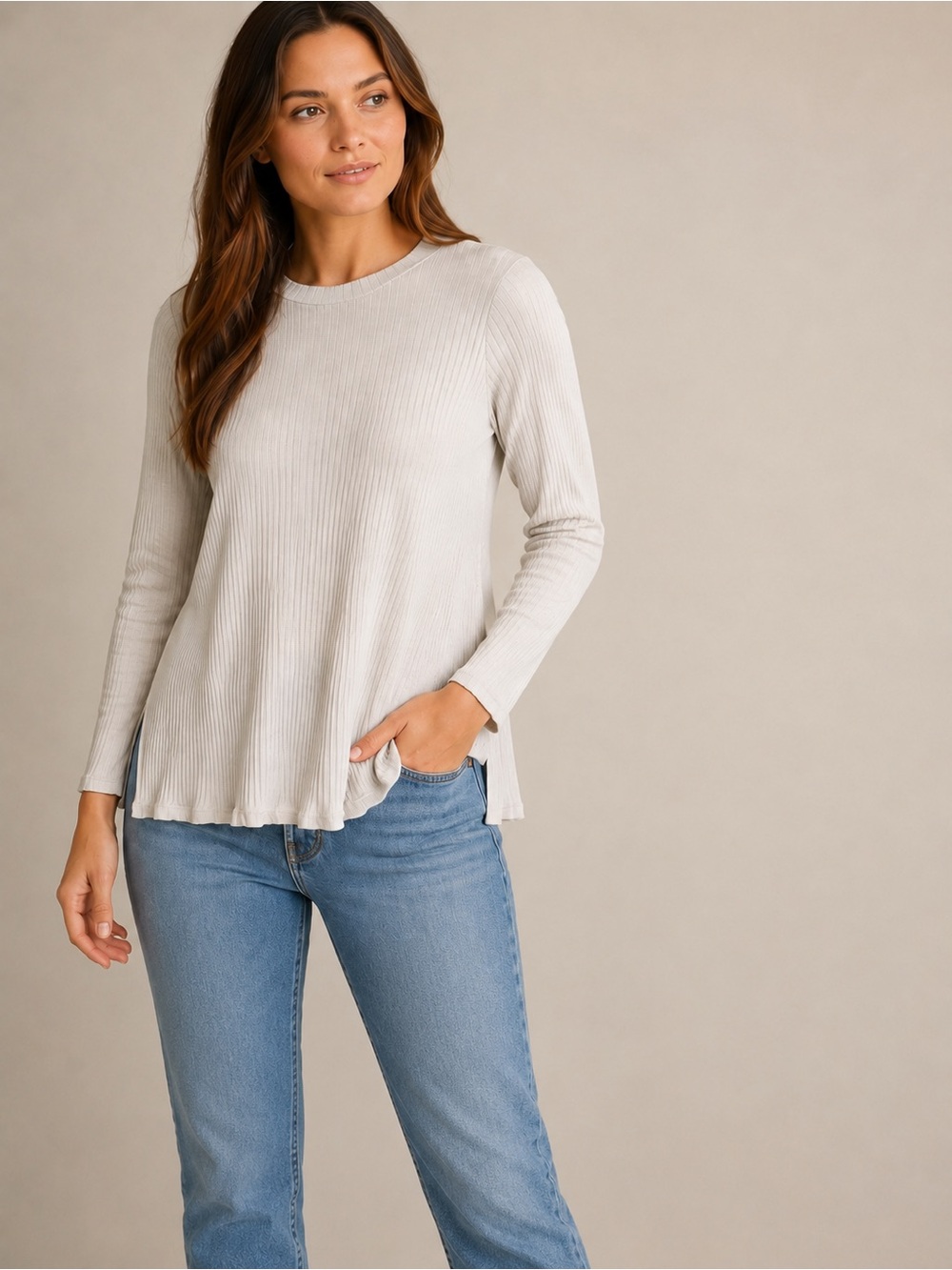 Eileen Fisher Women's Large Long Sleeve Pullover Tunic Ribbed Knit Tencel Beige